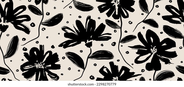 leave hand drawn seamless pattern. ink brush texture. 