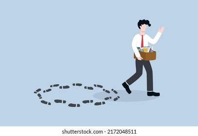 Leave job with repetitive tasks, start new career path, self motivation to face new challenge concept. Businessman stepping out of circle of footprints metaphor of finishing endless career loop.