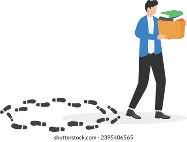 Leave job with repetitive tasks, start new career path, self motivation to face new challenge concept. Businessman stepping out of circle of footprints metaphor of finishing endless career loop.

 - Shutterstock ID 2395406565