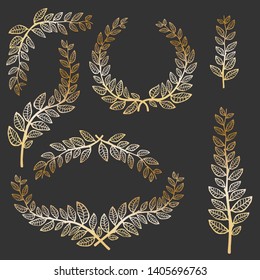 Leave laurel set. Vector hand drawn illustration. Metallic banch