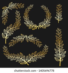 Leave laurel set. Vector hand drawn illustration. Metallic banch