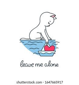
Leave Me Alone. Illustration of a sad white cat launching a paper boat with a heart on it. Objects isolated on white background. Vector 8 EPS