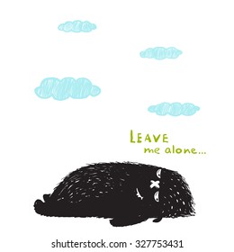 Leave Me Alone Lying Black Little Monster and Clouds. Sweet kids fictional melancholy character picture. Vector illustration.