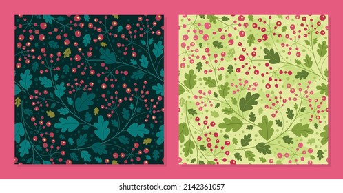 Leave pattern, print. Branch with berries - vector set of seamless patterns. Background for fabric, textile, wallpaper, poster, web site, card, gift wrapping paper