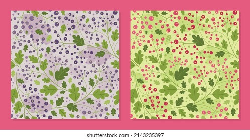 Leave pattern, print. Branch with berries - vector set of seamless patterns. Background for fabric, textile, wallpaper, poster, web site, card, gift wrapping paper