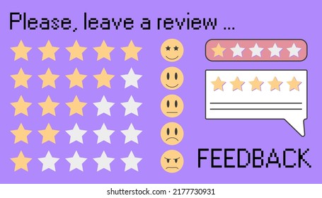 Leave a review with five stars. Feedback bubble with rate. User experience ranking or opinion survay to mark the progress.