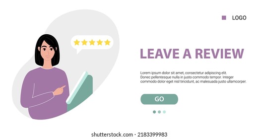 Leave a review template. Feedback concept character. Woman stands in front of terminal and evaluates the product, impression, service. 5-star rating banner web. Vector illustration in flat style.