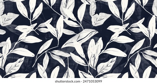 Leave stamp seamless pattern. Watercolor leaves seamless vector pattern. Line leaf background.