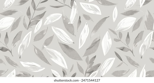 Leave stamp seamless pattern. Watercolor leaves seamless vector pattern. Line leaf background.