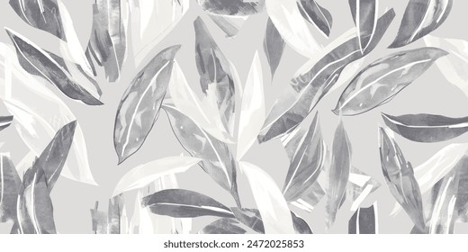 Leave stamp seamless pattern. Watercolor leaves seamless vector pattern. Line leaf background.