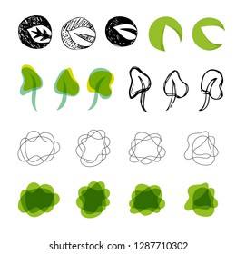 Leave and tree sketch. Nature vector emblem, transparent crossing green fillings, round leaf symbol in doodle style