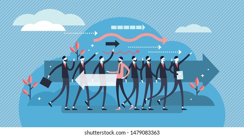 Leave vector illustration. Flat tiny opposite direction way persons concept. Choice of business, crowd or group leaving. Decision to escape and go free your own way. Ambitious movement visualization.