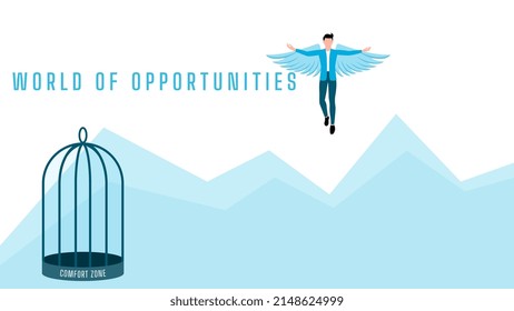 Leave your comfort zone, man flying with wings near birdcage, business character vector illustration on white background.