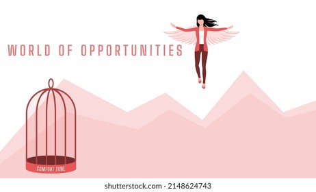 Leave your comfort zone, woman flying with wings near birdcage, business character vector illustration on white background.