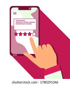 Leave your feedback concept illustration. Smartphone, finger, hand, ranking stars. Client, customer service experience review, comment. Flat isolated vector. Mobile application for recommendations