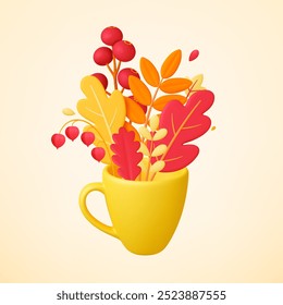 Leaves 3d bouquet in yellow mug. Cup autumn leaf and red berry. Seasonal decorative elements realistic render design. Fall nature vector scene