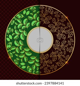 Leaves, abstract pattern in a circle. Golden border. Template for decorating ceramic, porcelain, wooden, metal products. Silk screen printing.