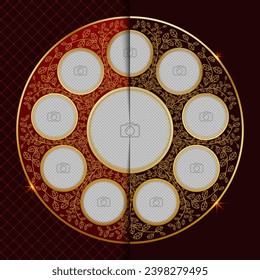 Hojas, patrón abstracto en un círculo con inserciones de imagen. Frontera dorada. Plantilla para la decoración de cerámica, porcelana, madera y productos metálicos. Impresión de pantalla de seda.