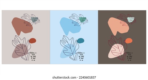 leaves and abstract shapes. Contemporary vector illustrations on color backgrounds . Line, minimalistic elegant concept. Perfect for social media, cards, postcards.