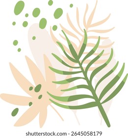 Leaves and abstract shapes in a flat style create a botanical composition. Organic forms and plant elements blend harmoniously in this artwork. Cartoon vector illustration.
