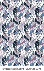Leaves abstract vector seamless pattern. Hand drawn ink line contours. Art collage in colors of blue berry for banners, textile, prints, wallpaper. White editable color background