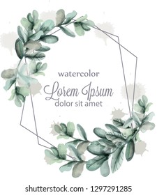 Leaves abstract wreath frame Vector watercolor. Wild green card decorations