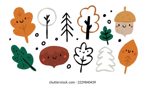 Hojas, maíz, castaño, bosque, árboles al estilo de las caricaturas. Ilustración vectorial infantil con elementos de diseño natural escandinavo. Colección de vectores de hojas recortadas 