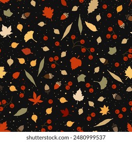 Leaves, acorns and berries in autumn palette on a dark gray square background. Seamless floral pattern.