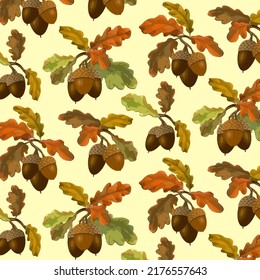 Leaves and acorns in a pattern.Branches with oak leaves and acorns on a colored background in a seamless vector pattern.