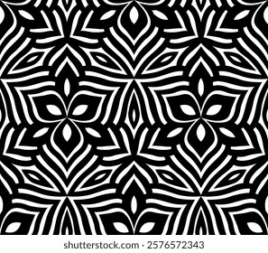 Leaves All Around (Black, White)  - Geometric Pattern - Repeating Vector Image; Easily Editable; Endless Design; Colorful lIlustration. Print for Gift Paper, Packaging, etc.