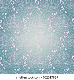 leaves among hearts on a blue background