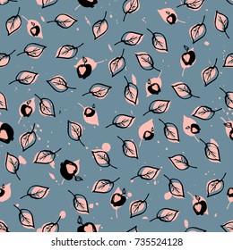 Leaves and Apples Seamless Pattern. Pastel  peach color and black. Hand Drawn backdrop for wallpaper, textile, invitations, wedding, wrapping papers, etc. Vector