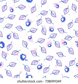 Leaves and Apples Seamless Pattern. Pastel  pink color and deep blue. Hand Drawn backdrop for wallpaper, textile, invitations, wedding, wrapping papers, etc. Vector