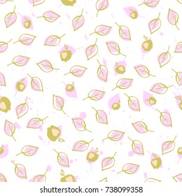 Leaves and Apples Seamless Pattern. Pastel pink and mustard green color. Hand Drawn backdrop for wallpaper, textile, invitations, wedding, wrapping papers, etc. Vector