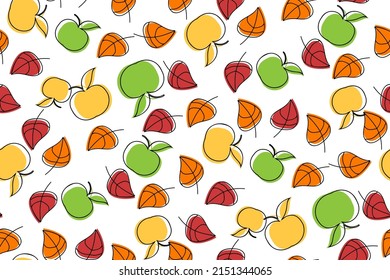 Leaves and apples seamless pattern for wallpaper, textile or packaging. Vector color background from botanical elements repeat. attern leafs gold, red, color. Endless foliage and fruit illustration.