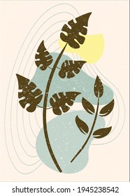 Deja el arte con fondo abstracto, temporada de primavera, hojas tropicales.