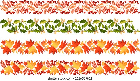 Leaves. Autumn leaf border set. Horizontal divider made of maple leaves, rowan with berries, oak with nuts. Colorful decorative design element. Seamless pattern. Isolated. Vector