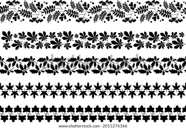 Leaves. Autumn leaf border set. Horizontal divider\
made of maple leaves, chestnut, rowan with berries, oak with nuts.\
Decorative design element. Seamless pattern. Black isolated\
silhouette. Vector