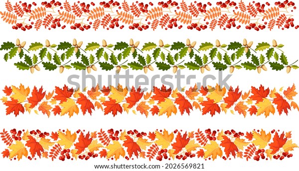 Leaves.\
Autumn leaf border set. Horizontal divider made of maple leaves,\
rowan with berries, oak with nuts. Colorful decorative design\
element. Seamless pattern. Isolated.\
Vector
