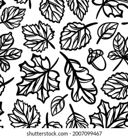 LEAVES AUTUMN PATTERN Monochrome Openwork Contoural Silhouettes Of Forest Leaves Fall Season Nature Sketch Seamless Background Vector Illustration