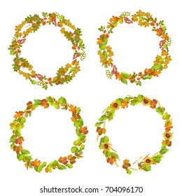 Leaves and autumn plants gathered in neat wreaths