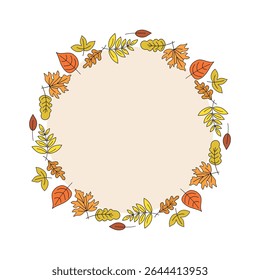 Leaves. Autumn set. Round frame, banner with space for text. Leaf fall, doodles, drawings, sketch. Natural botanical background.