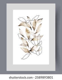 Leaves of autumn tree or bushes falling down during leaf fall season on print. Watercolor poster. Artwork with petals of indoor plants or tree growing in park, in frame with decor for wall art