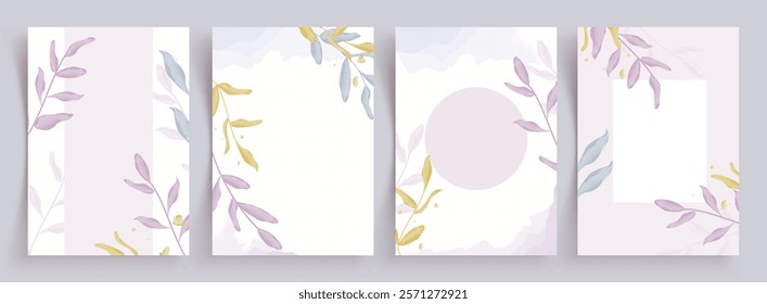 Leaves background clipart poster set. Leaf drawing in watercolor, paint, sketch and pastel color clip art for invitation, greetings and wallpaper collection. Vector illustration spring card abstract 