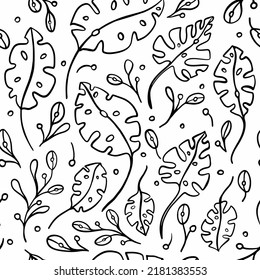 Leaves Background Monochrome Pattern. Tropical outline leaves seamless pattern design Vector Illustration for print textile, wallpaper