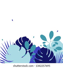 Leaves background Vector illustration Many tropical and exotic leaves in blue shades on a white background Poster template with copy space in flat style