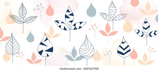 Leaves background vector. Minimal abstract art, Floral hand drawn drawn doodle style wallpaper design for fabric, wall decoration, banner and prints.