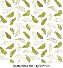 Leaves background. Vector seamless pattern with hand drawn leaves outlines. Simple shapes on white background.