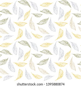 Leaves background. Vector seamless pattern with hand drawn leaves outlines. Simple shapes on white background.
