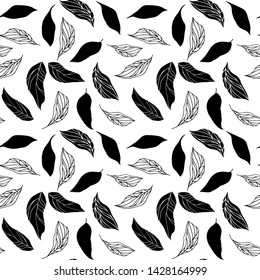 Leaves background. Vector seamless pattern with hand drawn leaves outlines. Simple shapes on white background.